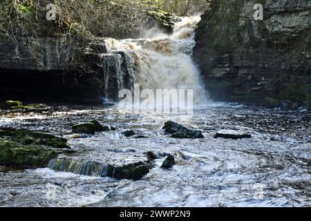 Une vue rapprochée de la cascade de Burton Fall près de West Burton près de Bishopdale et près de Wensleydale dans le parc national du North Yorkshire Banque D'Images