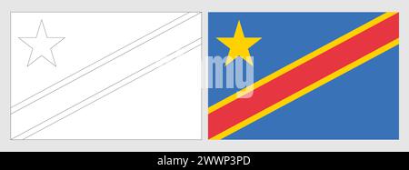 Drapeau de la République démocratique du Congo - coloriage. Ensemble de drapeau blanc filaire à contour noir fin et drapeau coloré d'origine. Illustration de Vecteur