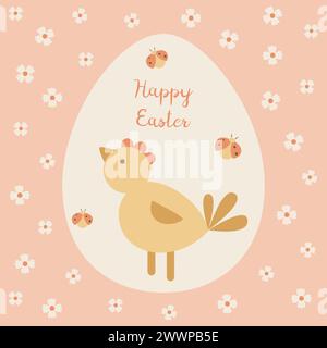 Carte de Pâques avec poulet. Style plat. Ornement rond. Idéal pour le design de vacances. Illustration vectorielle. Illustration de Vecteur