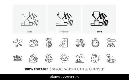 Haltères, légumes et icônes de la ligne Trophy. Pour l'application Web, impression. Icônes de ligne. Vecteur Illustration de Vecteur