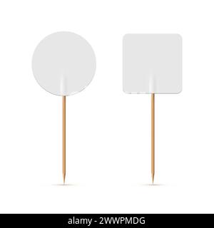 Drapeaux blancs sur cure-dent en bois. Topper en papier rond et carré pour gâteau ou autre nourriture isolé sur fond blanc. Maquette vierge pour la publicité et Illustration de Vecteur