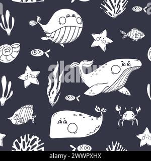 Modèle sans couture avec baleines, poissons et algues. Illustration vectorielle sur fond noir avec des animaux aquatiques océaniques. Parfait pour papier peint, emballage Illustration de Vecteur