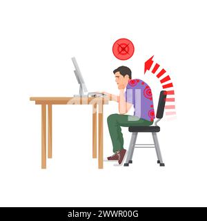 Mauvaise posture de la colonne vertébrale assise devant l'ordinateur. Mauvaise position sur le bureau de travail, problèmes de colonne vertébrale illustration vectorielle de dessin animé Illustration de Vecteur