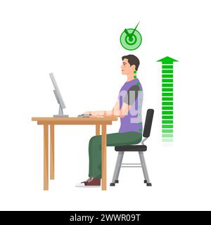 Corriger la posture de la colonne vertébrale assise devant l'ordinateur. Position saine au bureau de travail, illustration vectorielle de dessins animés de problèmes de colonne vertébrale Illustration de Vecteur