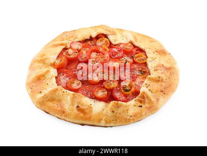 Savoureuse galette de tomates (galette Caprese) isolée sur blanc Banque D'Images