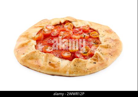 Savoureuse galette de tomates (galette Caprese) isolée sur blanc Banque D'Images
