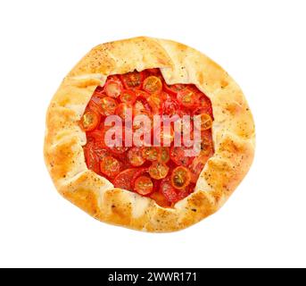 Savoureuse galette de tomates (galette Caprese) isolée sur blanc, vue de dessus Banque D'Images