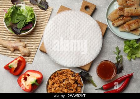 Papier de riz, ingrédients et savoureux rouleaux de printemps frits sur table grise, plat Banque D'Images