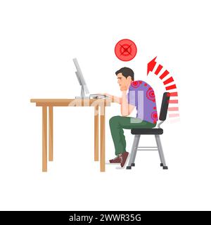 Mauvaise posture de la colonne vertébrale assise devant l'ordinateur. Mauvaise position sur le bureau de travail, problèmes de colonne vertébrale illustration vectorielle de dessin animé Illustration de Vecteur