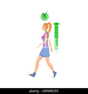 Femme qui marche dans la posture correcte de la colonne vertébrale. Santé de la colonne vertébrale, bonne illustration vectorielle de dessin animé de pose de marche Illustration de Vecteur