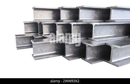 Gros plan de plusieurs poutres en acier empilées isolées sur blanc. rendu 3d. Banque D'Images