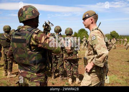 Des militaires des Forces de défense du Kenya et du 1er Bataillon Irish Guards, qui font partie de la 11e Brigade d’assistance des forces de sécurité de l’armée britannique, discutent de la formation aux opérations urbaines pendant Justified Accord 2024 (JA24) au Centre de formation aux opérations de stabilité et de terrorisme contre l’insurrection à Nanyuki, Kenya, le 26 février 2024. Le JA24 est le plus grand exercice de l'US Africa Command en Afrique de l'est, qui se déroulera du 26 février au 7 mars. Dirigé par la Force opérationnelle sud-européenne de l'armée américaine, Afrique (SETAF-AF), et accueilli au Kenya, l'exercice de cette année comprendra du personnel et des unités de 23 pays. Ce m Banque D'Images