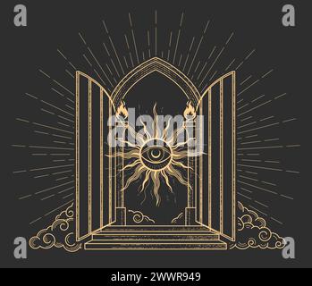 Portes ouvertes du ciel avec le soleil et l'œil tout-voyant, portail avec porte de grille dans les nuages, entrée d'arc au paradis, vecteur Illustration de Vecteur