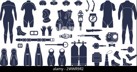 Icônes noires plates de plongée. Combinaisons, outils et équipements de plongée sous-marine. Accessoires de plongée en apnée pour l'activité sous-marine. Masques d'eau, vecteur décent Illustration de Vecteur