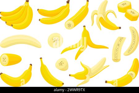 Bananes de dessins animés. Banane fraîche isolée, coupée en tranches, en pelure et fruits pelés. Nourriture vitaminée exotique, ensemble de vecteurs néotériques de collation végétarienne tropicale Illustration de Vecteur