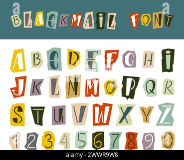 Alphabet de chantage. Rançon style abc, lettres et chiffres criminels anonymes. Éléments de typographie découpés dans le journal, clipart vectoriel néotérique Illustration de Vecteur