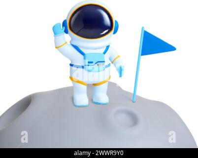 Rendre astronaute 3d debout sur la surface de la lune avec drapeau. Exploration spatiale, science et victoire dans le cosmos. Homme de l'espace dans la combinaison spatiale, cosmonaute vecteur personnage Illustration de Vecteur