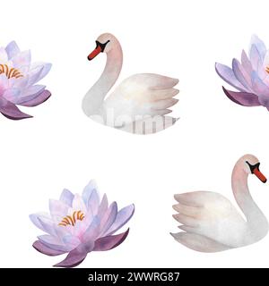 Cygnes aquarelle et nénuphars violets sans couture motif fleurs d'oiseau pastel pour textile, emballage, vêtements enfantins en papier, décor bébé 2024, papier peint Banque D'Images