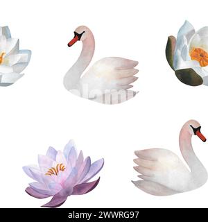 Cygnes d'aquarelle blanc violet nénuphars sans couture motif fleurs d'oiseau pastel pour textile, emballage, vêtements enfantins en papier, décor bébé 2024, wallpap Banque D'Images