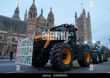 Londres, Royaume-Uni. 25 mars 2024. Des agriculteurs de tout le pays prévoient un rassemblement de tracteurs à Westminster pour protester contre les importations de produits alimentaires bon marché et exiger des politiciens qu'ils protègent les normes alimentaires britanniques élevées dans les accords commerciaux. Le groupe de campagne, Save British Farming (SBF), s'associe au groupe Farmers for Fairness basé dans le Kent pour la démonstration du tracteur. Crédit : Joao Daniel Pereira/Alamy Live News Banque D'Images