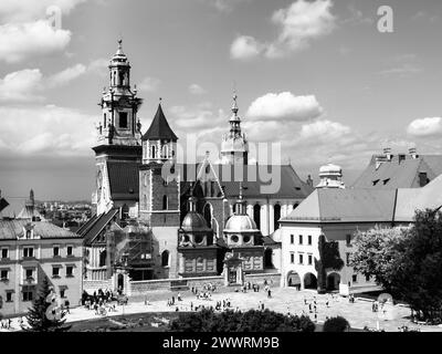La cathédrale de Wawel, ou la basilique de l'archicathédrale royale des Saints Stanislas et Venceslas sur la colline de Wawel, Cracovie, Pologne. Image en noir et blanc. Banque D'Images