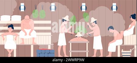 Homme dans le sauna. Personnes se relaxant dans le hammam ou les bains finlandais. Spa Wellness procédures unisexes à température chaude. Scène vectorielle récente de corps de détox Illustration de Vecteur