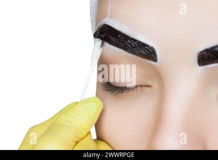 Le maquilleur essuie la peinture au henné des sourcils de la fille. La procédure de teinture des sourcils avec de la peinture dans le salon de beauté. Banque D'Images