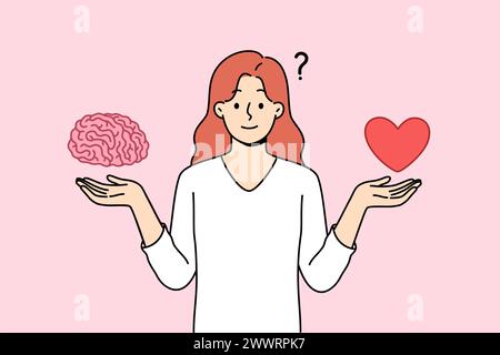 La femme essaie d'équilibrer entre l'éducation et la relation amoureuse, tenant le cœur avec le cerveau dans les mains. Choisir les priorités de la vie et équilibrer l'instinct ou l'intellect lors de la prise de décisions Illustration de Vecteur