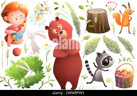 Animaux de la forêt et bébé fille lisant livre Clipart Illustration de Vecteur