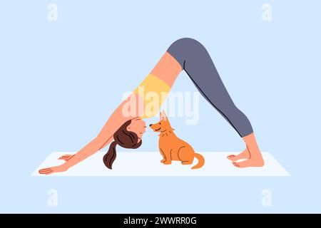 Femme fait pilates sur des tapis de yoga et fait des étirements situés à proximité avec chiot drôle Illustration de Vecteur