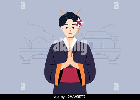 Geisha femme en kimono japonais traditionnel fait un geste konishua tout en se tenant près du parc Illustration de Vecteur