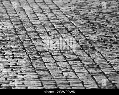 Pavé pavé de pavés dans le centre historique de la ville, Prague, République Tchèque. Faible profondeur de champ. Image en noir et blanc. Banque D'Images