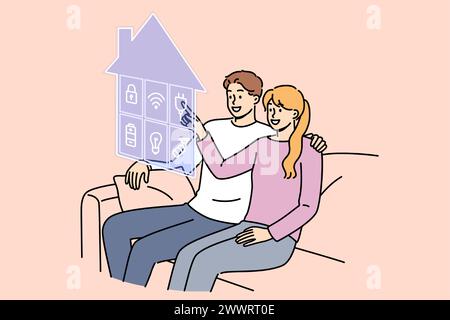 La technologie Smart Home aide les hommes et les femmes à contrôler l'équipement iot sans quitter le canapé. Jeune couple utilise le système de maison intelligente pour gérer les appareils électriques connectés au wi-fi ou économiser les ressources énergétiques Illustration de Vecteur