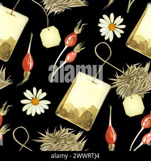 Sachets de thé, fleurs de camomille, tisane des herbes de prairie, fleurs d'origan, hanches roses, origan, peint à l'aquarelle. Motif sans couture. Banque D'Images