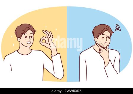 Enroulés dans les fils de l'homme perplexe touche le menton puis sourit et montre le geste OK. concept de pensées positives dans des situations difficiles et capacité à faire face au stress. Conception à vecteur plat Illustration de Vecteur