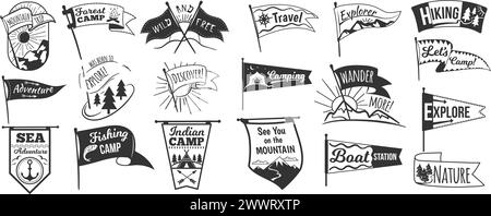Logo des fanions de camp. Emblème rétro de fanion de camping, drapeau de sport universitaire signe noir Explorer le club de voyage croquis lettrage de l'université autocollant symbole de l'université, illustration vectorielle soignée de pendentif découvrir Illustration de Vecteur