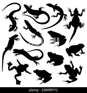 Ensemble de vecteur silhouette noire d'animaux reptiles comme les lézards et les grenouilles dans différentes actions tout en chassant, à la recherche de nourriture et autres. Illustration de Vecteur