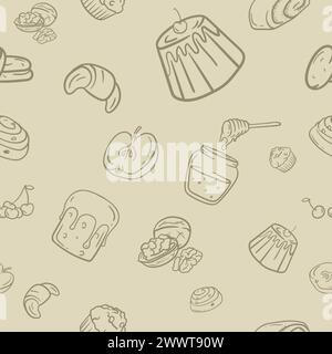 Modèle sans couture de vecteur avec des produits de boulangerie, des fruits et des ingrédients. Fond modifiable pour papier cadeau artisanal Illustration de Vecteur