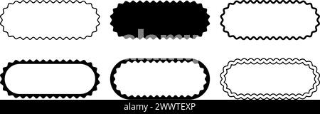 Ensemble de différents cadres ovales avec des bords ondulés. Formes rectangulaires avec bordures mobiles. Cadres de bannière, zones de texte vides, bulles de parole, balises ou étiquettes éléments festonnés. Illustration graphique vectorielle. Illustration de Vecteur