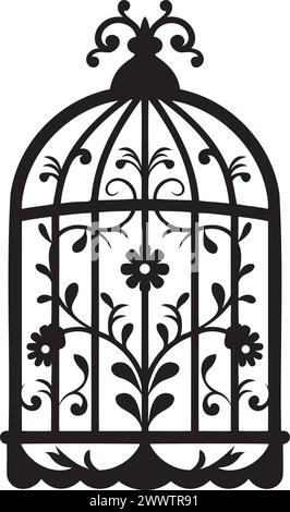 Silhouettes de cages à oiseaux. Autocollants muraux noirs avec des oiseaux volants dans des cages, art décoratif minimaliste pour l'intérieur, cages à oiseaux vintage, oiseau ornemental cag Illustration de Vecteur