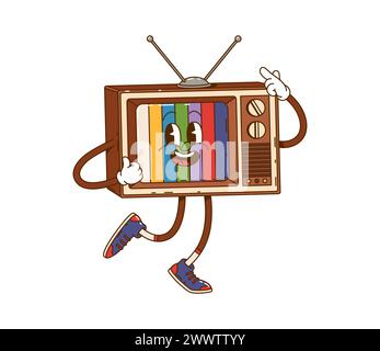 Personnage de télévision groovy rétro de dessin animé. Personnage de téléviseur vintage vectoriel isolé avec des rayures lumineuses et psychédéliques à l'écran, des yeux expressifs et wi Illustration de Vecteur