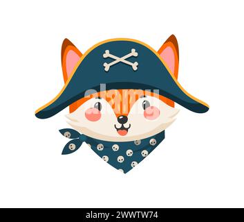 Pirate animal de renard de bande dessinée ou capitaine et marin corsaire, caractère vectoriel. Drôle de renard des Caraïbes dans le chapeau tricorne pirate avec des os croisés, skipper marin Illustration de Vecteur
