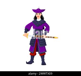 Personnage pirate de femme de dessin animé et corsaire. Boatswain de fille de vecteur isolé, capitaine ou filibuster avec un regard ludique, porte un costume de style asiatique, standi Illustration de Vecteur