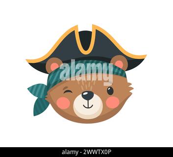 Dessin animé ours mignon pirate et visage d'animal corsaire. Marin, capitaine, skipper et personnage de bateau enfilant un bandana et un chapeau de tricorne clin d'œil avec un pl Illustration de Vecteur