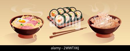 Collection de plats traditionnels coréens pour le dîner dans le restaurant. Repas oriental dans un bol et une assiette avec des baguettes - nouilles avec oeuf et viande, gyoza chaud et kimbap. Dessin animé manger avec des légumes et des épices Illustration de Vecteur