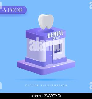 Clinique dentaire violette réaliste 3D sur fond isolé bleu. Dentisterie pour enfants Illustration de Vecteur