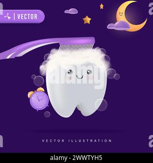 Nettoyage des dents blanches heureux avec illustration vectorielle de brosse. Concept de brossage des dents de routine de nuit. Concept d'hygiène buccale pour les enfants. Characte dents saines Illustration de Vecteur