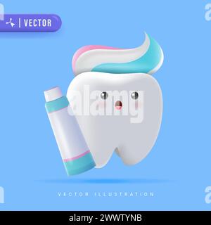 Illustration de personnage 3D Cute Tooth Cartoon avec dentifrice sur le dessus. Icône de dent heureuse et saine pour la conception de modèle d'affiche de clinique dentaire d'enfants. D Illustration de Vecteur