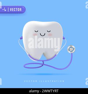 Illustration vectorielle de dent heureuse réaliste 3D. Personnage dentaire de dessin animé. Mascotte dentiste mignonne. Hygiène bucco-dentaire et inspection dentaire dentaire. Dentiste médical Illustration de Vecteur