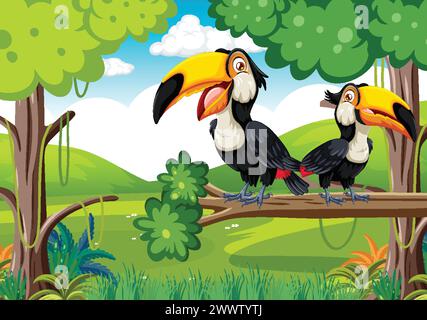 Deux toucans colorés perchés sur une branche Illustration de Vecteur